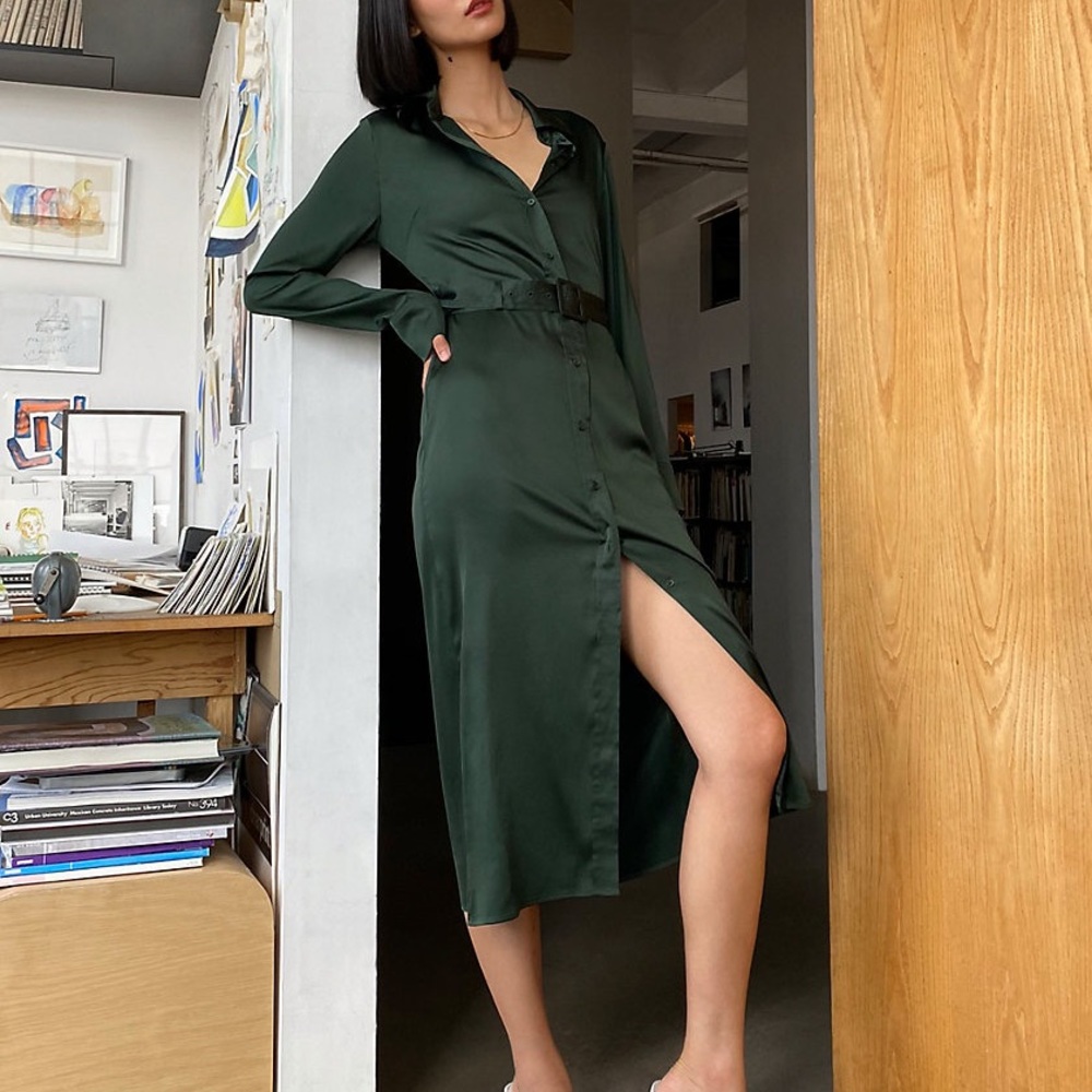 Aritzia Babaton Amory satin Shirtdress hunter green size 6